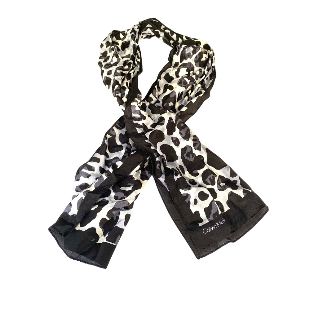 Calvin Klein Womens Black Grey Leopard Print Oblong Scarf Animal Pattern Logo